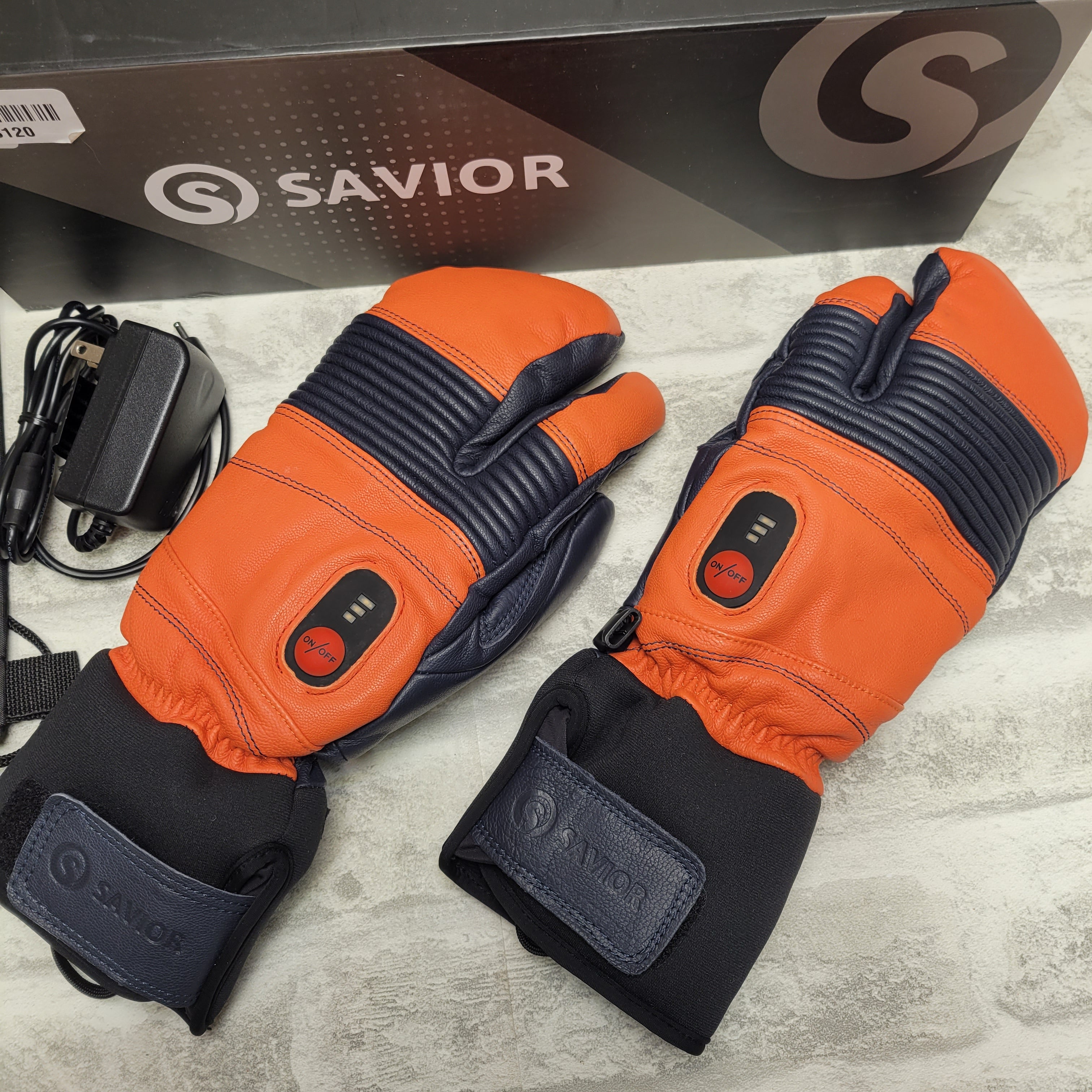 SAVIOR HEAT Heated Ski Mittens Leather Thick Gloves, Orange/Navy, Large (7618419032302)